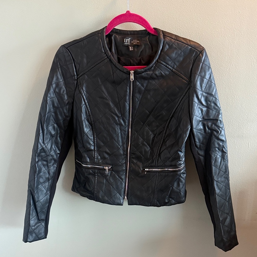 Zara Black Leather Jacket with Quilted Design - Size S